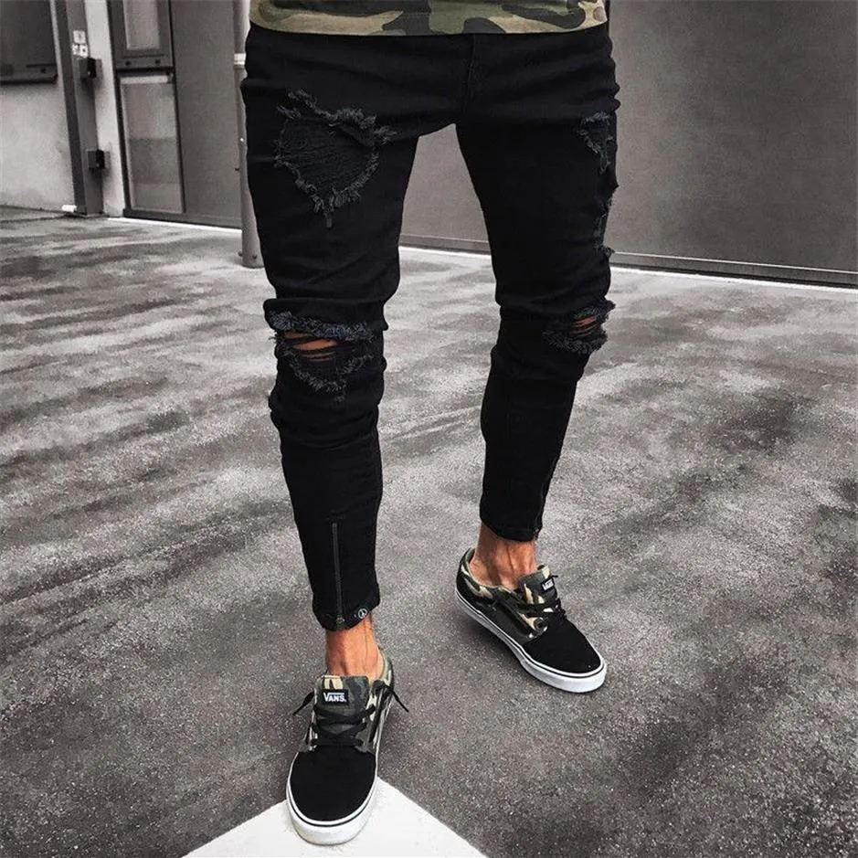 Mens Cool Designer Marque Black Jeans Skinny Ripped Destroyed Stretch Slim Fit Hop Hop Pantalon Avec Trous Pour Men266b