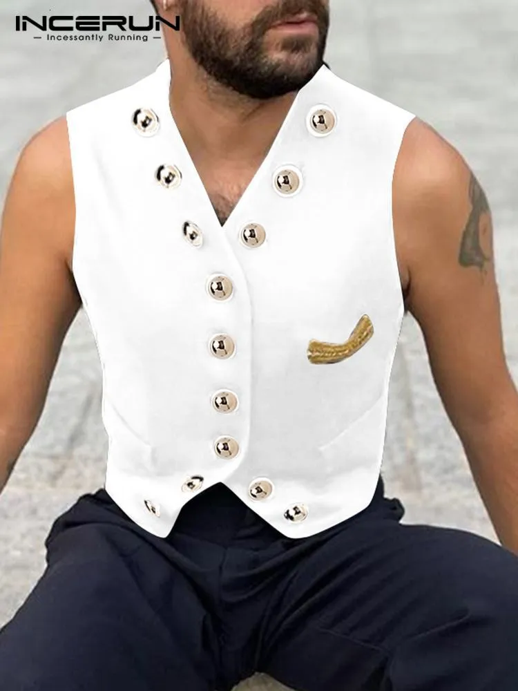Men's Vests Party Nightclub Style Men Solid Metal Button Waistcoat Casual All-match Male Sleeveless V-neck Vests S-5XL INCERUN Tops 230704
