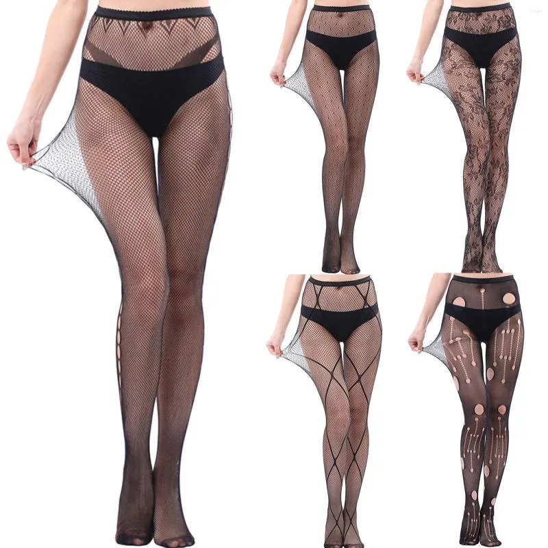 Femmes Chaussettes Bas Exotiques Sexy Avec Jarretière Dentelle Collants Collants Vêtements Transparents Bonneterie Résille Noir Médias