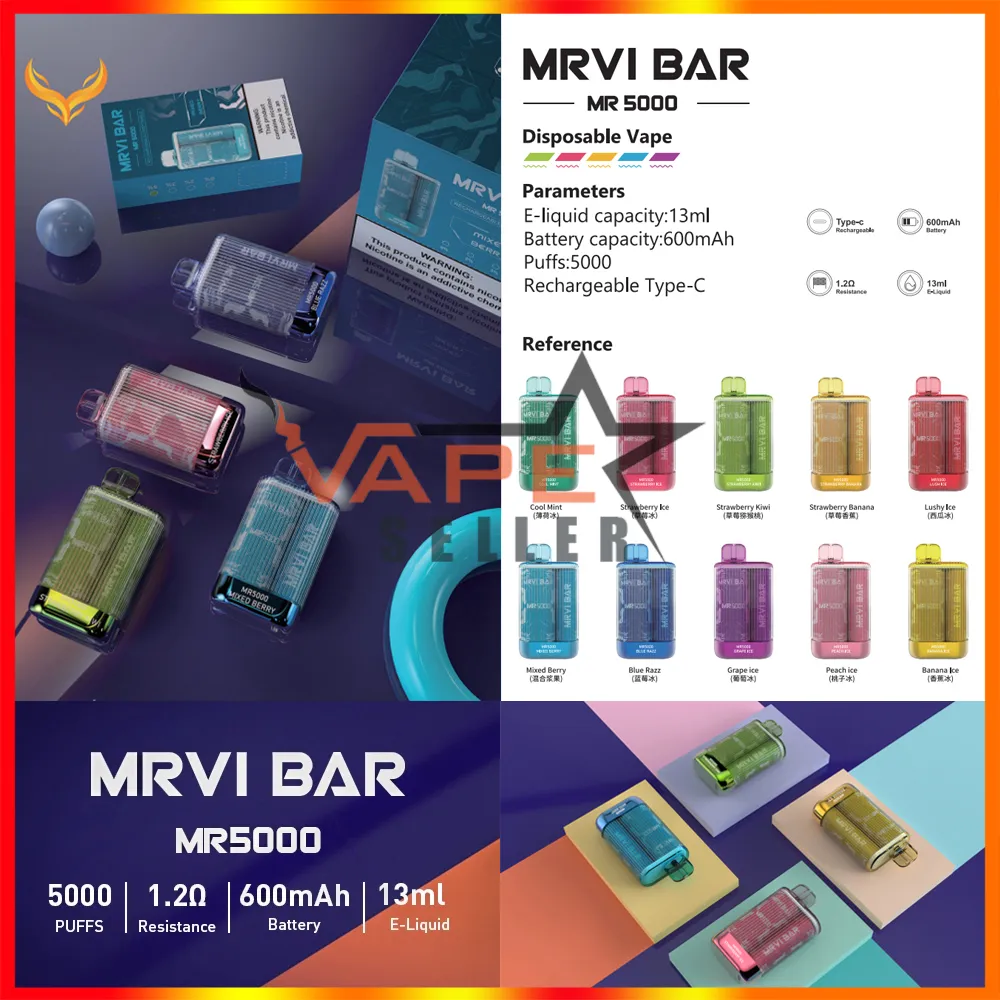 Аутентичный MRVI 5000 Puffs Одноразовый вайп -сигаретный эльф -хрустальный стержень с 13 мл картриджа 600 мАч.