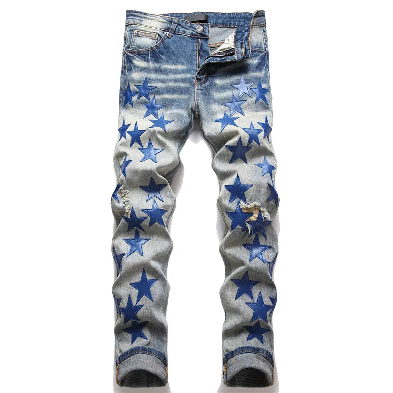 Denim Jeans pour Hommes Slim Fit Déchiré De Luxe Designer Hip Hop Harajuku Pantalon En Cuir Étoiles Patchwork Broderie Mendiant