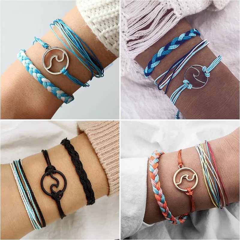 Bracelets porte-bonheur Fil de cire coloré bohème pour femme Style ethnique Corde faite à la main Tissé Pâte frite Twists Bracelet Ensemble de 3 pièces