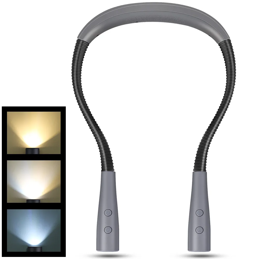 LED Reading Light Neck Lamp, Rechargeable Book Light for Reading in Bed, 3 Colors, Dimmable 5 Brightness Levels, Flexible Arms, Knitting, Camping, Repairing