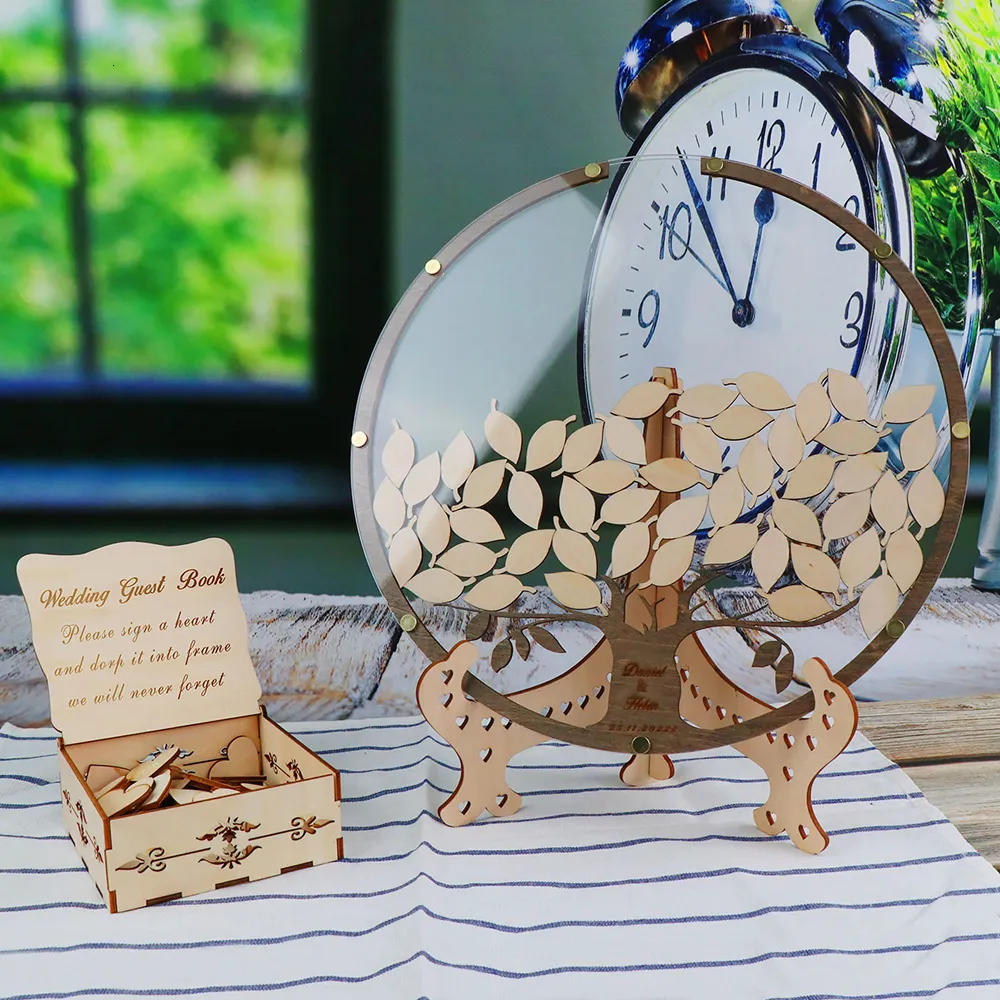 Autres fournitures de fête d'événement Arbre de livre d'or de mariage rond personnalisé avec boîte et 80 feuilles Arbre à feuilles avec feuilles Alternative au livre d'or de mariage 230704