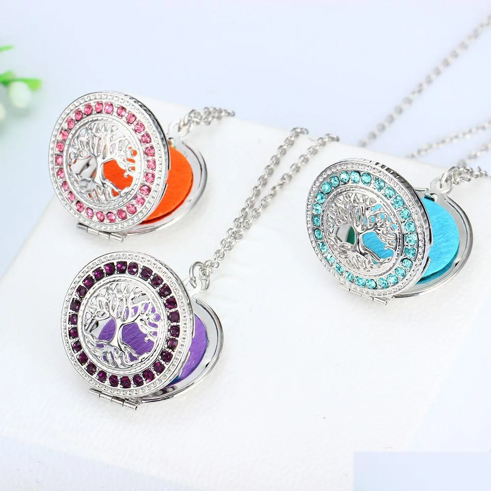 Pendant Necklaces Arrival Tree Of Life Aromatherapy Necklace Crystal Rhinestone Locket Essential Oil Diffuser For Women Fashion Drop Dhegt