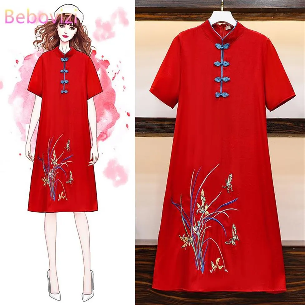 Ethnische Kleidung 2021 M-4XL Plus Größe Vintage Rote Stickerei Chinesische Traditionelle Qipao Casual Party Frauen Midi Kleid Sommer Cheongs223h