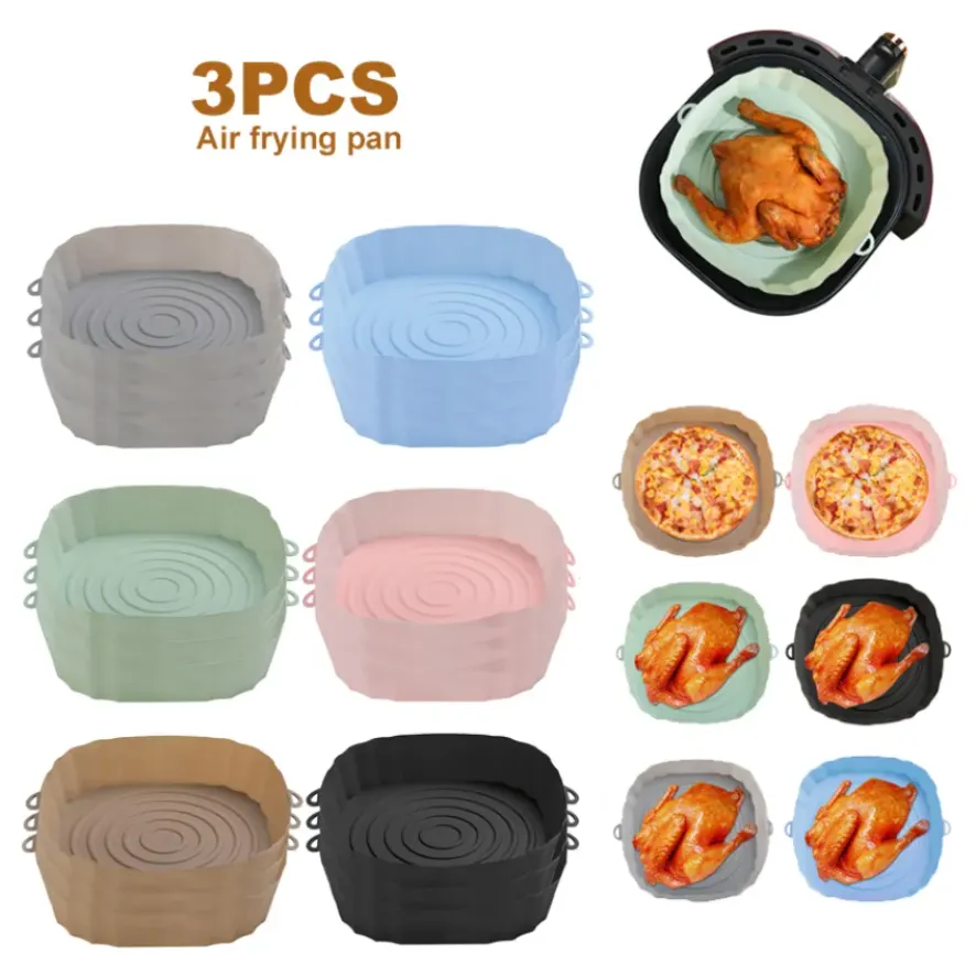 3Pcs Silicone Air Fryers Oven Baking Tray Pizza Fried Chicken Airfryer Silicone Basket Reusable Airfryer Pan Liner Accessories G0705