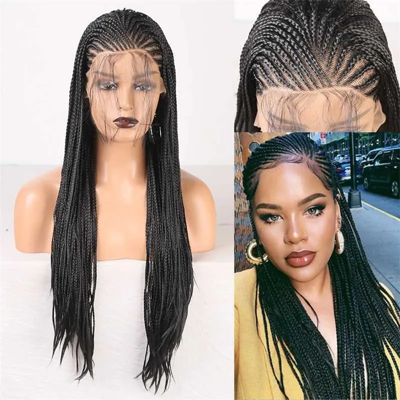 Longue boîte tressée tresses perruque synthétique avant de lacet perruques pour femmes noir résistant à la chaleur fibre cheveux dentelle perruque avec des cheveux de bébé 230524