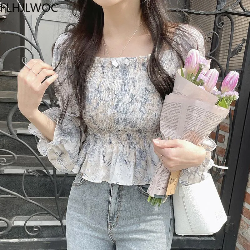 Kvinnors blusar Japan Girls Korea Chic Tops Blusas Fashion Flhjlwoc Design kort skörd peplum blommig tryck sexig av axel kvinnor