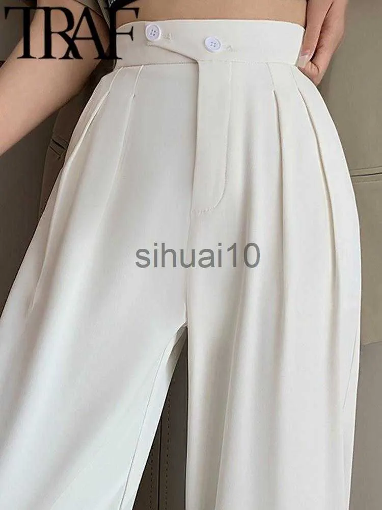 Spodnie damskie Capris TRAF 2023 wiosna jesień kobiety proste spodnie na co dzień w stylu Vintage wysokiej talii garnitur damski spodnie szerokie nogawki kobiece szykowne białe spodnie Y2K J230705