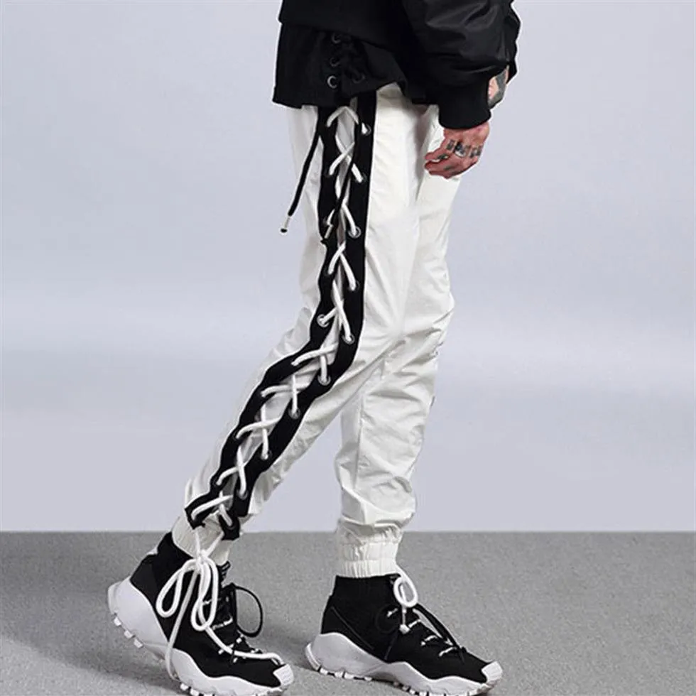 Side Cross Lace Up Strings Men Jogger Pants Pantalon de survêtement à empiècements noir et blanc284H