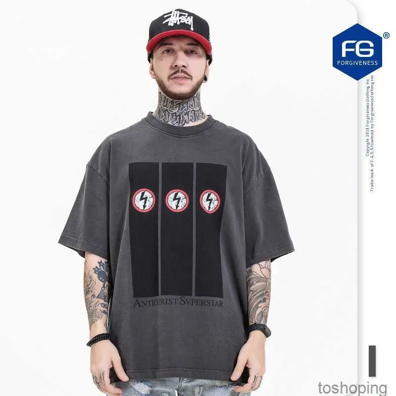 FG Menswear 2023 lente en zomer nieuwe modemerk bliksem zware industrie wassen gebruikt losse korte mouw t-shirt mannen