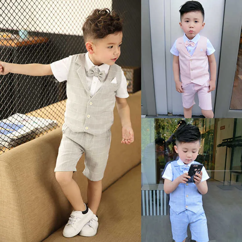 Pakken LOLANTA 4 Stuks Jongens Plaid Vest Shirt met Bowtie Formele Pak Peuter Zomer Causale Slijtage Vest Dragen Set Bruiloft Verjaardag TuxedoHKD230704