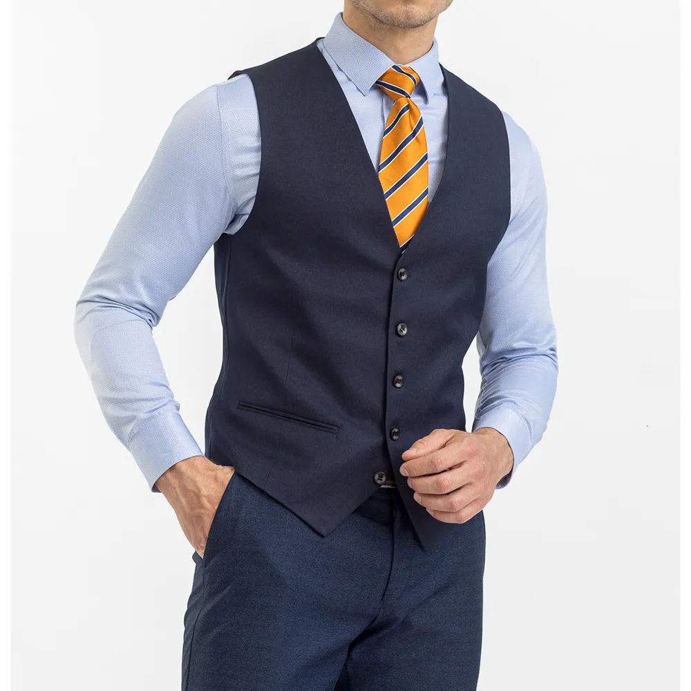 Męskie kamizelki granatowe dla mężczyzn jednokolorowe jednorzędowe męskie garnitury bawełniane top bez rękawów Smart Casual kamizelka ślubna Slim Fit 230705