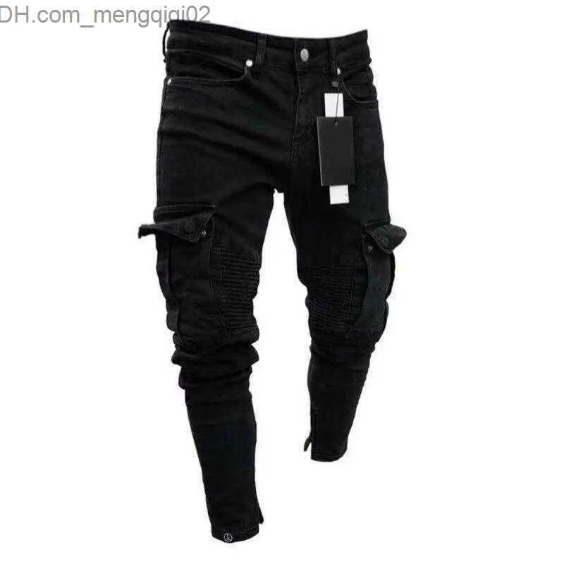 Jeans da uomo Jeans da uomo Fashion Black Jean Men Denim Skinny Biker Distrutto sfilacciato Slim Fit Pocket Cargo Pencil Pants Plus Size S-3XL Fashion Z230711