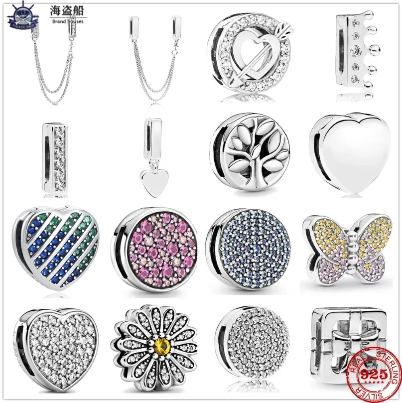 Pour les breloques pandora authentiques perles en argent 925 reflets Clip perle breloque ronde cristal couronne coeur fleur papillon