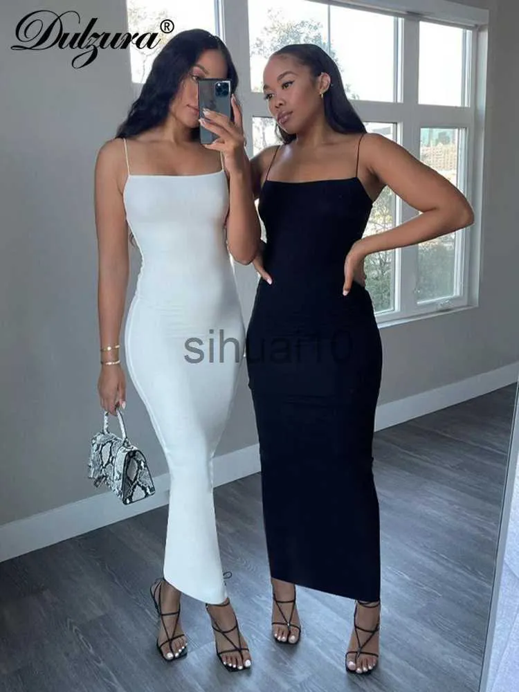 Casual Dresses Dulzura 2023 Autumn Winter Women Solid White Black Strap Midi Dress Bodycon Sexy Streetwear Party Club Elegant Fashion Clothes J230705