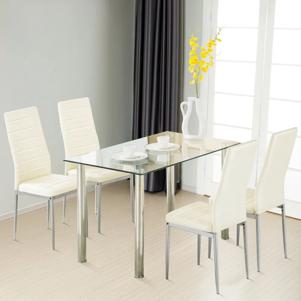 set 5 Piece Dining Table Set Tempered Glass Top Dinette Sets with 4 PU Leather Chairs,Light WhiteSimple and convenient