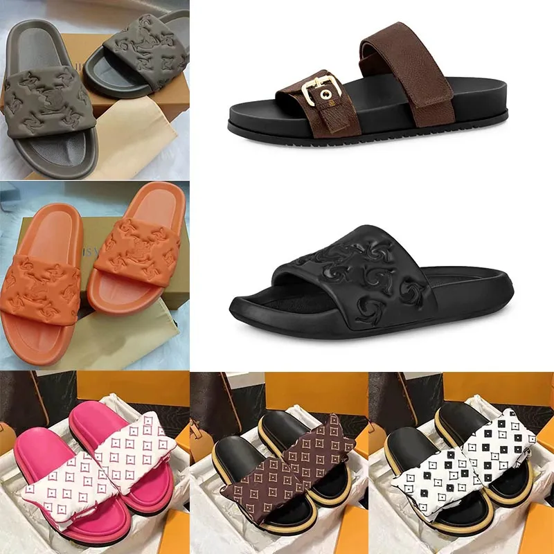 heren dames pantoffels platform Zwembad kussen muilezels vrouwen sandalen zonsondergang platte comfort muilezels gewatteerde riem aan de voorkant pantoffels house coach rubber slaapkamer styleSl slide