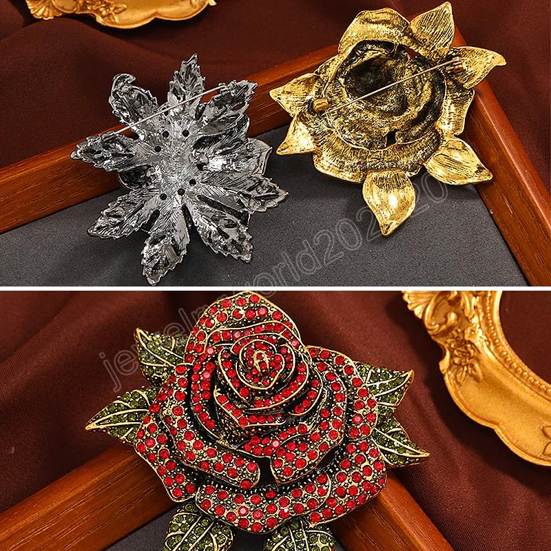 Vintage Luxury Red Rose Flower Crystal Brooches Rhinestone Metal Pins For Women Lady Badges Party Banquet Accessories