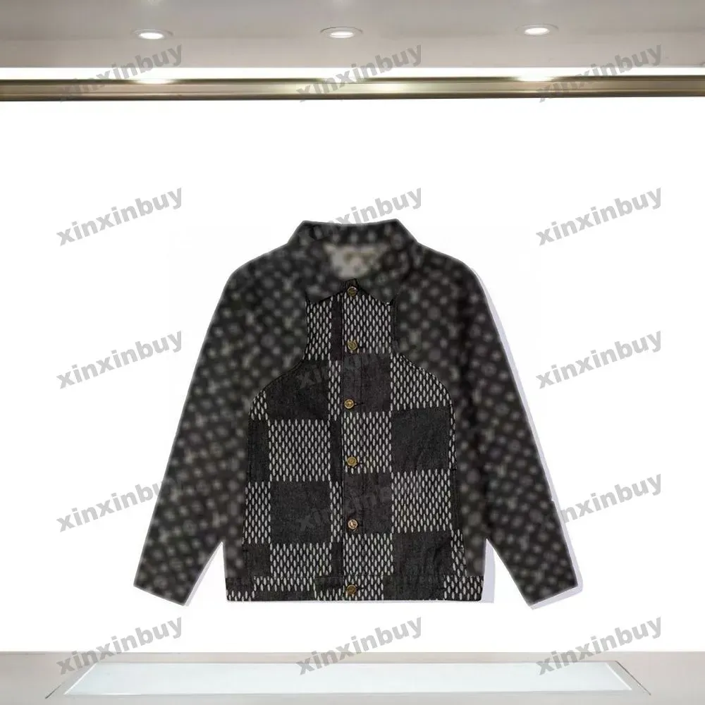 Xinxinbuy 남자 여자 디자이너 재킷 코트 격자 무늬 파괴 자카드 편지 자수 씻은 데님 캐주얼 바지 검은 블루 S-2xl