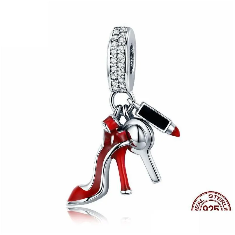 Prata 100% 925 Sterling Sier Feminino Vermelho Sapatos de Salto Alto Espelho Pingente de Maquiagem Charme Cz Contas Espaçadoras Fit Pulseira Faça Você Mesmo Jóias Presente D Dh3Xf