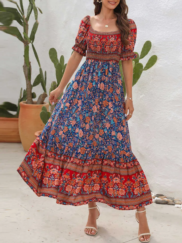 bohemian casual print dress Women's Maxi Dress Boho Summer Dress Vacation Casual Beach Regular Fit  Floral Graphic Sleeveless Crew Neck U Neck Dark Pink Orange Green Beige  Summer Spring 2026