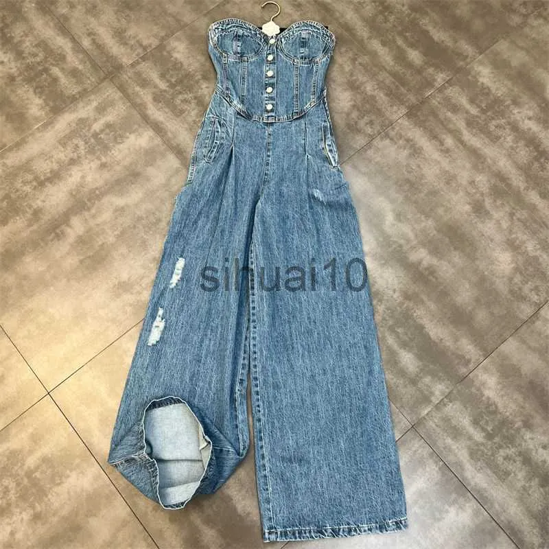 Dames Broek Capri ZCSMLL Strapless Denim Jumpsuit Dames 2022 Lente Nieuwe Koreaanse Mode Taille Sluiting Temperament Vrouwelijke Wijde Pijpen Broeken Trend J230705