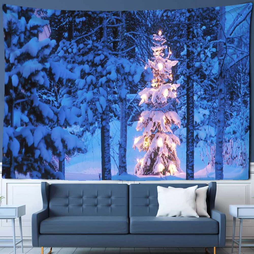 Tapestries and Snow Christmas Tree Tapestry Forest Hut Wall Hanging Natural Style Holiday Gifts Home Decor