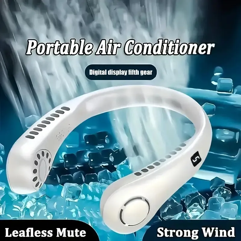 1pc 2023 Neck Fan Rechargeable USB Portable Air Conditioner Fan Home Hanging Neck Fanwireless Outdoors 5-speed Adjustable Neck Cooler Digital Display Screen