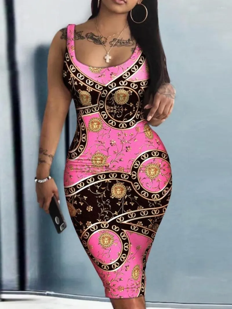 Plus Size Klänningar Barocktryck Bodycon Klänning Sommar Sexig Tank Maxi Elegant Dam Födelsedagsfest Club Sundress