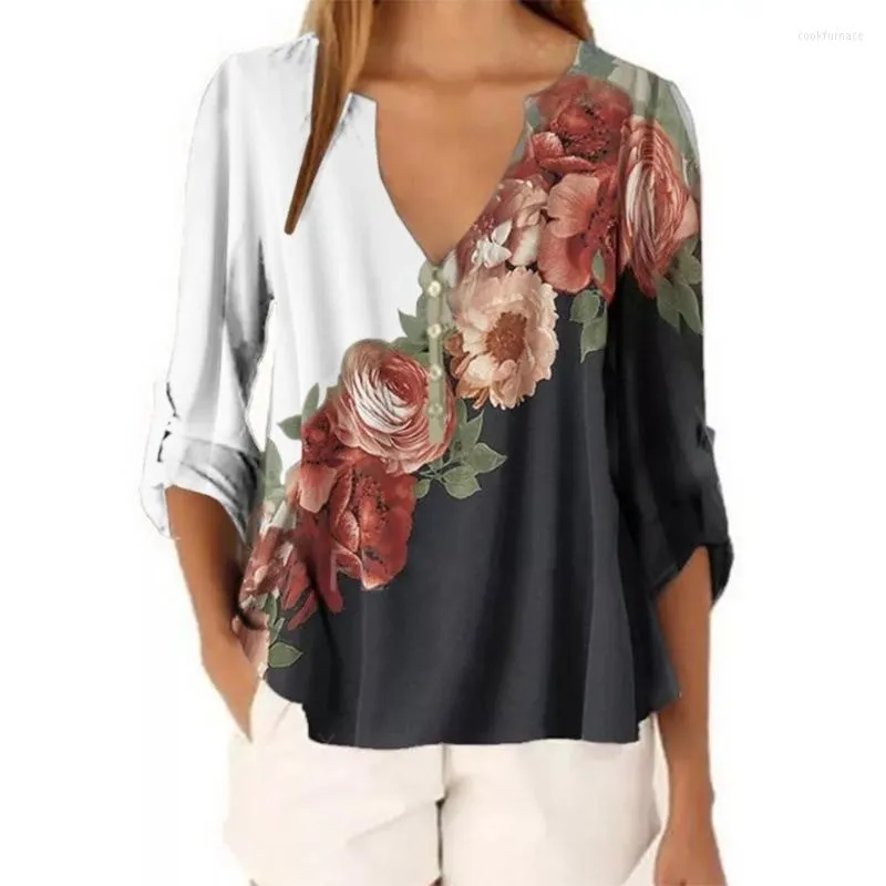 Blusas de mujer, camiseta informal con cuello de pico para mujer, blusa tipo túnica con estampado Floral suelto para mujer, blusas de manga larga con dobladillo, Tops de moda para mujer de talla grande