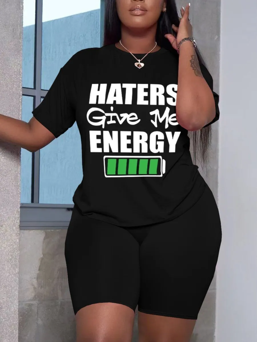 Women's Plus Size Pants LW Hatred Sends Me Energy Letter Printing Shorts Set 2PC Clothing Casual Daily TopPants Matching 230705