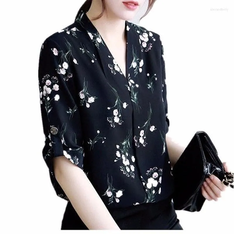 Женские блузки плюс размером с пятиточечными рукава шифоновая рубашка женский цветочный принт холодный ветер был тонким украшением пуговиц проставальной блузки