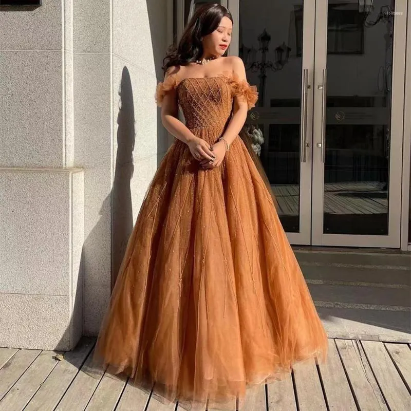 Party Jurken Vrouwen Dragen Vloer Lengte Prom Handgemaakte Kralen Strapless Avondjurk Off Shoulder Bruidsjurken Een Lijn Tule