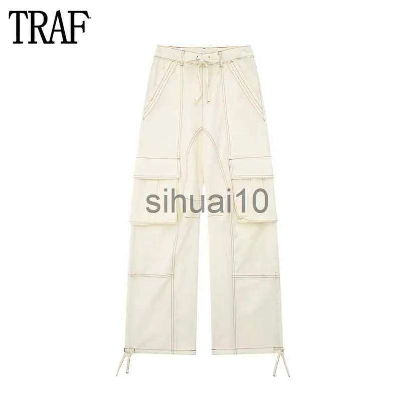 Women's Pants Capris TRAF 2023 Cargo Pants for Women Beige Wide Leg Pants Women Summer High Waist Woman Trousers Holiday Casual Baggy Pants Woman J230705