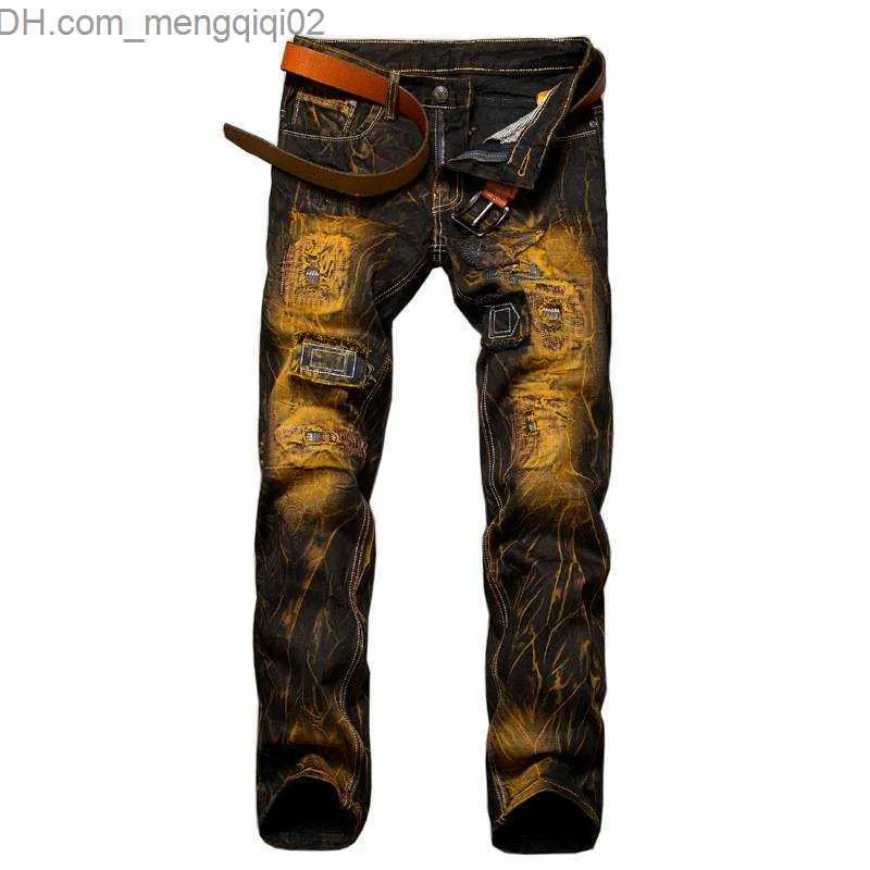 Atacado de jeans masculino - # 1523 2016 Hip hop jeans masculino Moda reta roupas masculinas motocicleta preto jeans rasgados para homens jeans motociclista Z230707