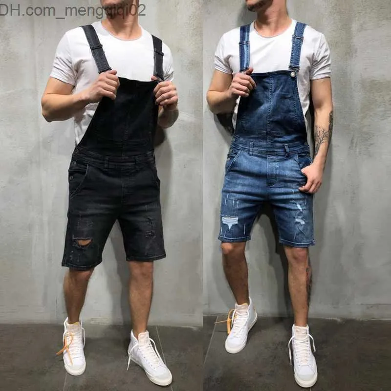 Męskie dżinsy 2019 nowych moda męska porwane jeansy kombinezony szorty letnie Hi Street Distressed Denim kombinezon na szelkach dla mężczyzny spodnie na szelkach Z230707