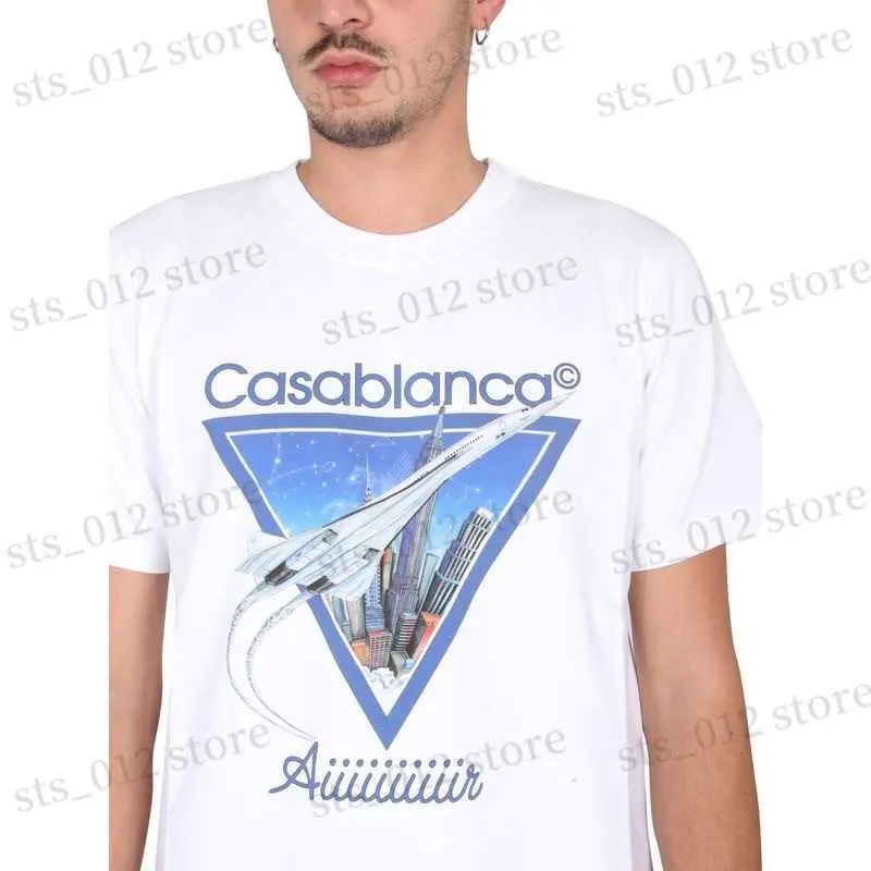 Camisetas Masculinas 2023 Casablanca Blue Sky City Airplane Print T-Shirt Masculino Feminino Camisetas CASA de alta qualidade Summer Streetwear Casual Tops T230705