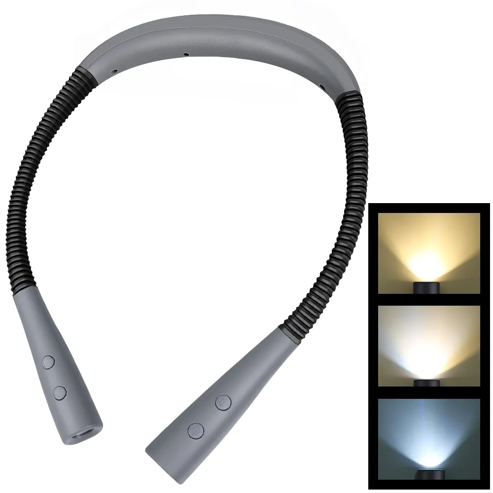 Lampe de cou à LED, lampe de lecture rechargeable, lampe de livre dans le lit avec 3 couleurs, 5 niveaux de luminosité, bras flexibles et pliables, pour lire, tricoter, camper, réparer