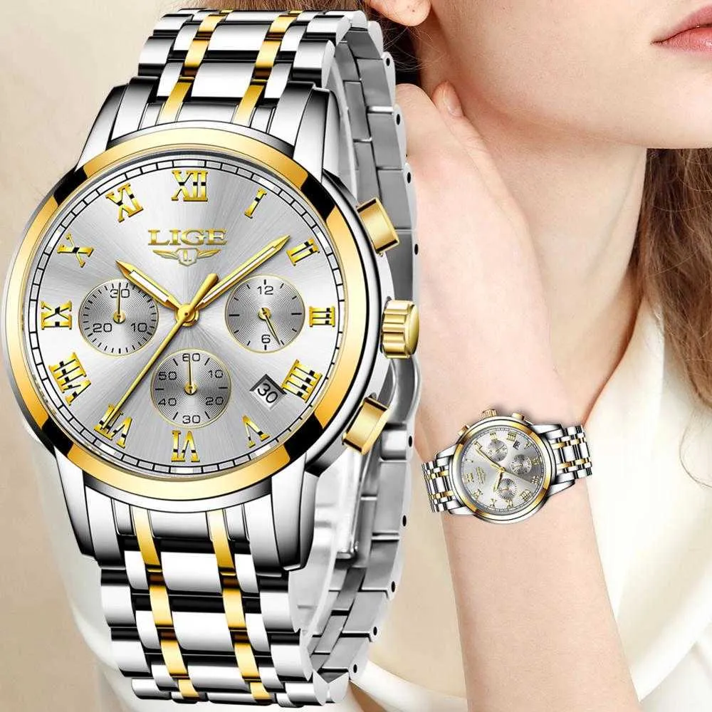 الساعات الذكية ساعات المعصم 2023 Lige Fashion Women Es Ladies Top Brand Luxury Gold Contsz Women Stainless Steel Date Walk Hight Clock X0706