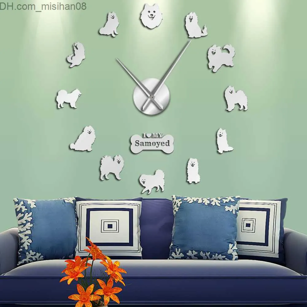 Zegary ścienne Samoyed pies rasy portret DIY DUŻY zegar ścienny bezramowe szczeniak zwierze akrylowe powierzchnia lustra naklejka ścienna wyciszenie zegar ścienny Home Decor 210309 Z230706