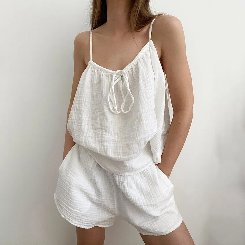Summer Sexy Sleepwear Set Halterneck Vest Double-Layer Yarn