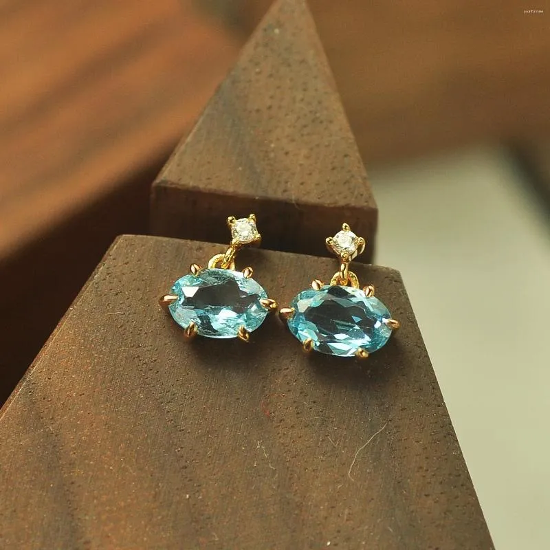 Orecchini a bottone Luxury Fashion 9K 10 14 18K Real Gold 925 Silver Natural Swiss Blue Topaz Ear Drop Ciondola l'orecchino Pietra Custom Fine Jewelry