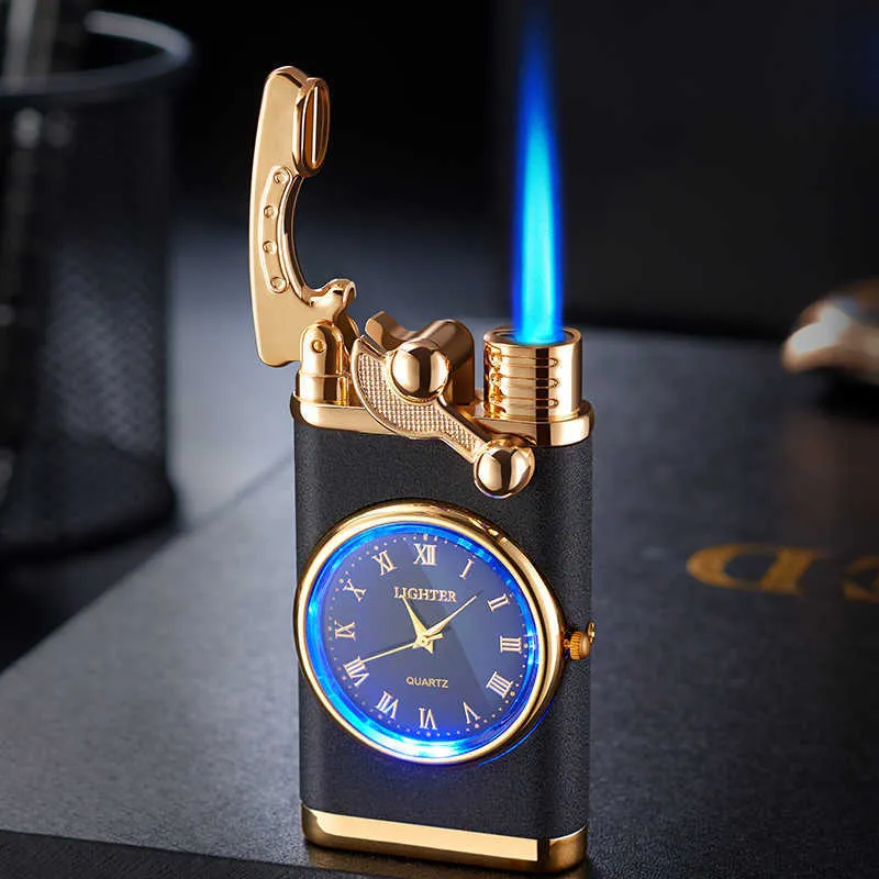 2022 Nieuwe Tuimelaar Horloge Metalen Creatieve Geen Gas Blauwe Vlam Aanstekers Jet Butaan Torch Winddicht Aansteker Gadgets Cadeau voor Mannen NPRI