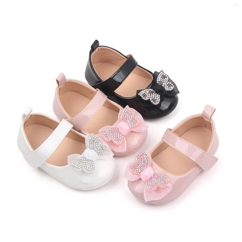 First Walkers 3-11M Cute Baby Girls Mary Jane Flats Non-Slip Rhinestone Bowknot Princess Dress Shoes Infant Crib Born Tollder