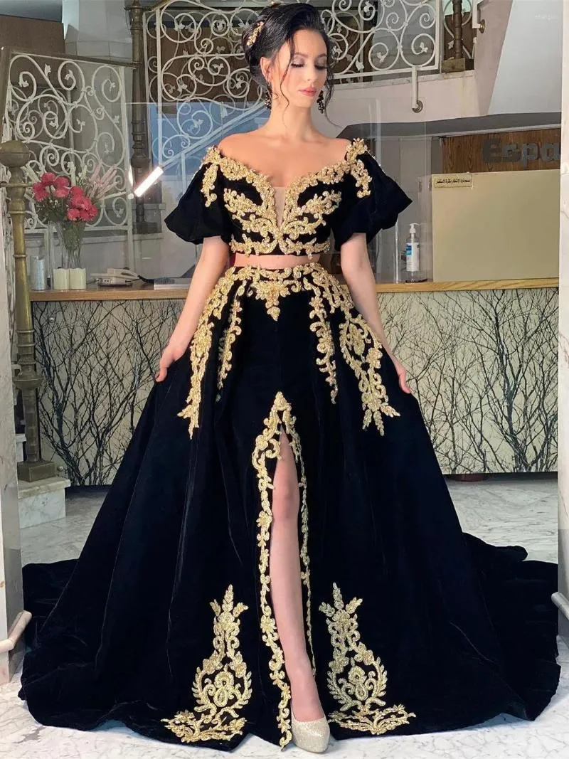 Party Dresses Black Velvet Kaftan Evening Lantern Short Sleeves Gold Lace Appliques Crystal Beaded Slit Two Pieces Prom Gown