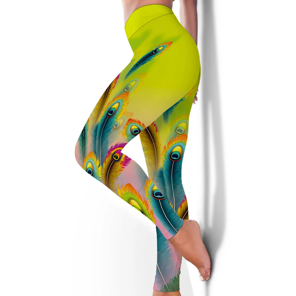 Plus Size Peacock Print Yoga Yogalicious Leggings For Women High