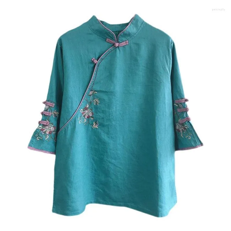 エスニック服秋マルチカラーセブンクォーターレディースコットンリネンシャツブラウス中国の伝統的な女性のフォーマルトパン衣装韓服
