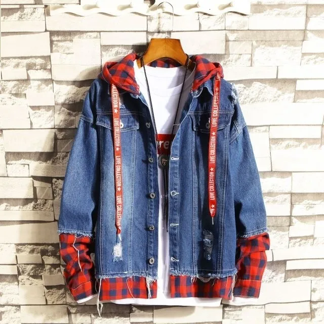 Mens Hooded Denim Jean Jacket With Hoodie Streetwear Hip Hop